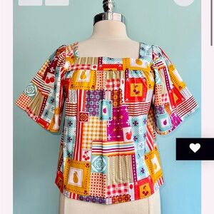 Patchwork Square Neck Peasant Top by Blue Platypus magenta and turquoise